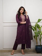 Wine Embroidery Work Cotton Straight Suit Set - BONYHUBSALWAR KAMEEZ