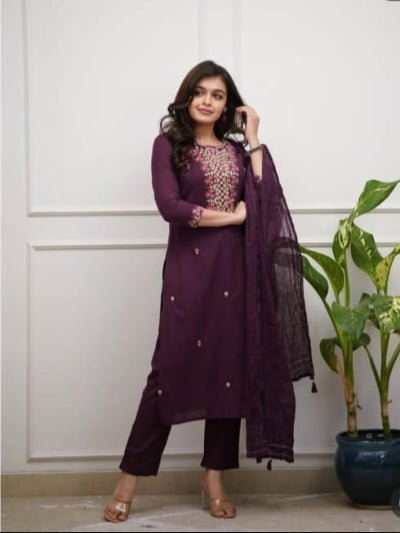 Wine Embroidery Work Cotton Straight Suit Set - BONYHUBSALWAR KAMEEZ