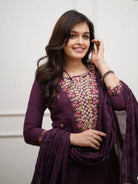 Wine Embroidery Work Cotton Straight Suit Set - BONYHUBSALWAR KAMEEZ