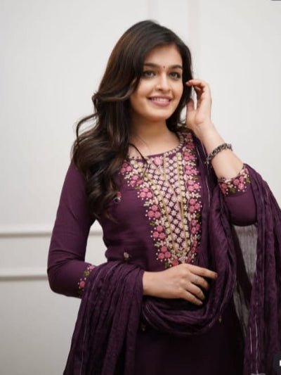 Wine Embroidery Work Cotton Straight Suit Set - BONYHUBSALWAR KAMEEZ