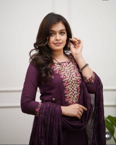 Wine Embroidery Work Cotton Straight Suit Set - BONYHUBSALWAR KAMEEZ