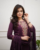 Wine Embroidery Work Cotton Straight Suit Set - BONYHUBSALWAR KAMEEZ