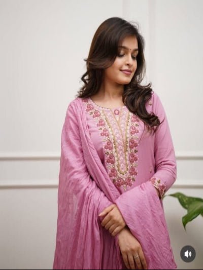 Light Pink Embroidery Work Cotton Straight Suit Set - BONYHUBSALWAR KAMEEZ