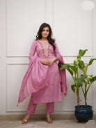Light Pink Embroidery Work Cotton Straight Suit Set - BONYHUBSALWAR KAMEEZ