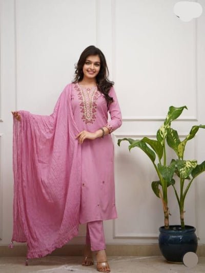 Light Pink Embroidery Work Cotton Straight Suit Set - BONYHUBSALWAR KAMEEZ