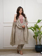Beige Embroidery Work Cotton Straight Suit Set - BONYHUBSALWAR KAMEEZ