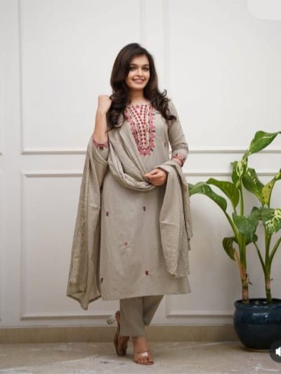 Beige Embroidery Work Cotton Straight Suit Set - BONYHUBSALWAR KAMEEZ