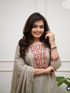 Beige Embroidery Work Cotton Straight Suit Set - BONYHUBSALWAR KAMEEZ