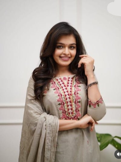 Beige Embroidery Work Cotton Straight Suit Set - BONYHUBSALWAR KAMEEZ