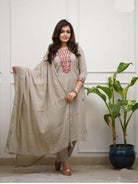 Beige Embroidery Work Cotton Straight Suit Set - BONYHUBSALWAR KAMEEZ