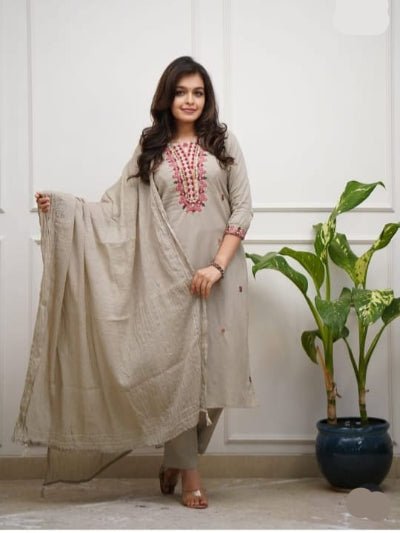 Beige Embroidery Work Cotton Straight Suit Set - BONYHUBSALWAR KAMEEZ