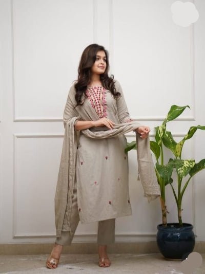 Beige Embroidery Work Cotton Straight Suit Set - BONYHUBSALWAR KAMEEZ