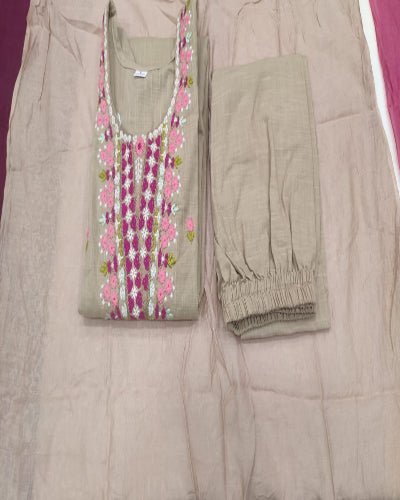 Beige Embroidery Work Cotton Straight Suit Set - BONYHUBSALWAR KAMEEZ