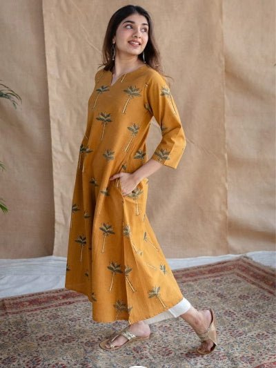 Corn Yellow Cotton Long Kurti Pant Set Of 2 - BONYHUBSALWAR KAMEEZ