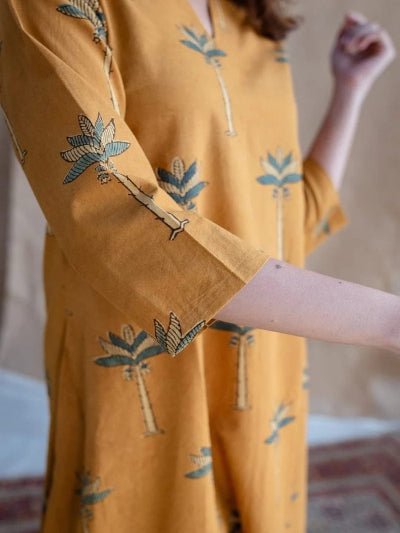 Corn Yellow Cotton Long Kurti Pant Set Of 2 - BONYHUBSALWAR KAMEEZ