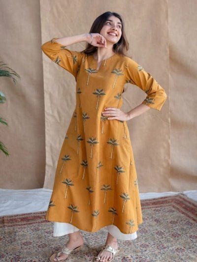 Corn Yellow Cotton Long Kurti Pant Set Of 2 - BONYHUBSALWAR KAMEEZ