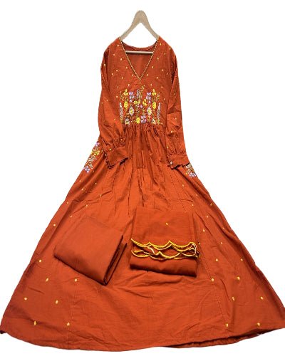 Rust Orange Cotton Embroidery Work Anarkali Suit Set - BONYHUBSALWAR KAMEEZ