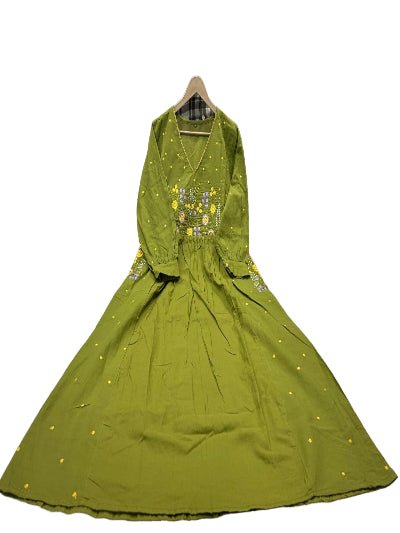 Olive Green Cotton Embroidery Work Anarkali Suit Set - BONYHUBSALWAR KAMEEZ
