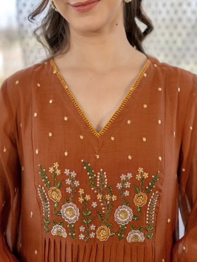 Rust Orange Cotton Embroidery Work Anarkali Suit Set - BONYHUBSALWAR KAMEEZ