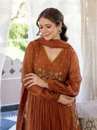 Rust Orange Cotton Embroidery Work Anarkali Suit Set - BONYHUBSALWAR KAMEEZ