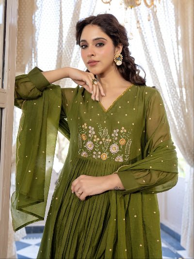 Olive Green Cotton Embroidery Work Anarkali Suit Set - BONYHUBSALWAR KAMEEZ