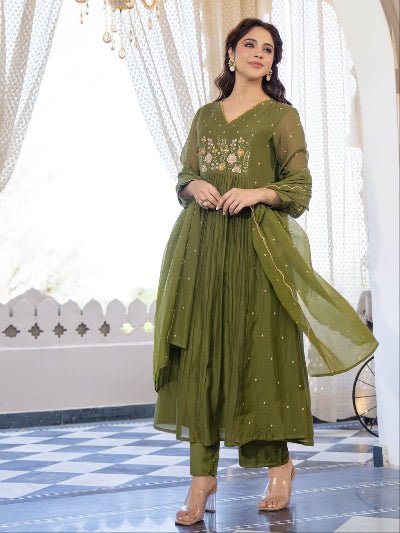 Olive Green Cotton Embroidery Work Anarkali Suit Set - BONYHUBSALWAR KAMEEZ