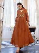 Rust Orange Cotton Embroidery Work Anarkali Suit Set - BONYHUBSALWAR KAMEEZ