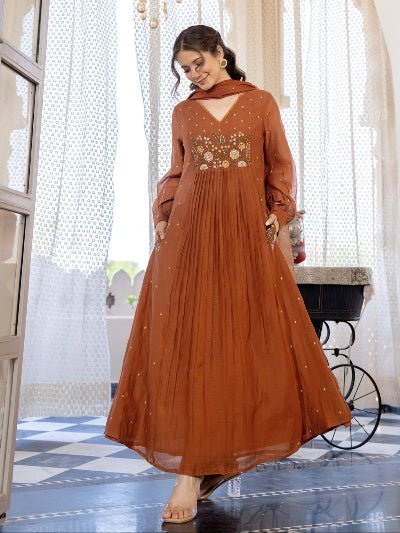 Rust Orange Cotton Embroidery Work Anarkali Suit Set - BONYHUBSALWAR KAMEEZ
