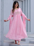 Light Pink Embroidery Cotton Anarkali Suit With Malmal Dupatta - BONYHUBSALWAR KAMEEZ