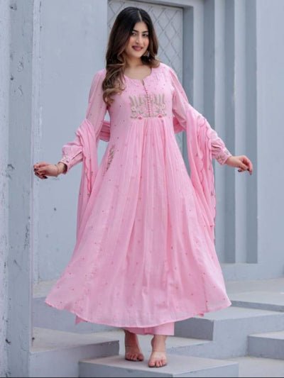 Light Pink Embroidery Cotton Anarkali Suit With Malmal Dupatta - BONYHUBSALWAR KAMEEZ
