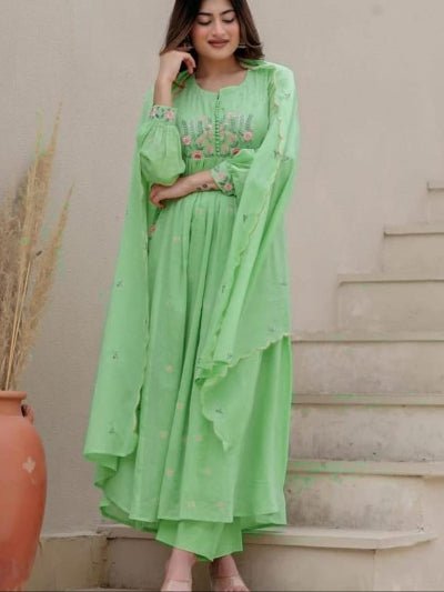 Green Embroidery Cotton Anarkali Suit With Malmal Dupatta - BONYHUBSALWAR KAMEEZ