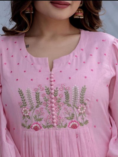 Light Pink Embroidery Cotton Anarkali Suit With Malmal Dupatta - BONYHUBSALWAR KAMEEZ