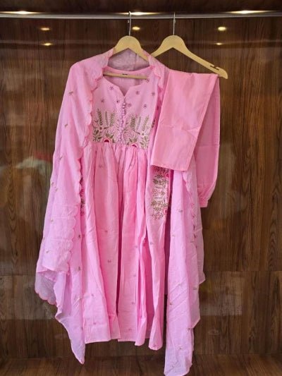 Light Pink Embroidery Cotton Anarkali Suit With Malmal Dupatta - BONYHUBSALWAR KAMEEZ