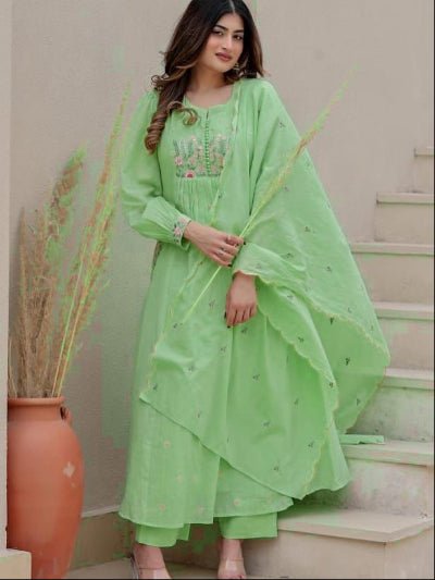 Green Embroidery Cotton Anarkali Suit With Malmal Dupatta - BONYHUBSALWAR KAMEEZ