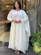 White Embroidery Cotton Anarkali Suit With Malmal Dupatta - BONYHUBSALWAR KAMEEZ