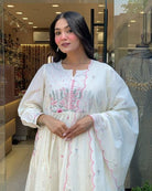 White Embroidery Cotton Anarkali Suit With Malmal Dupatta - BONYHUBSALWAR KAMEEZ