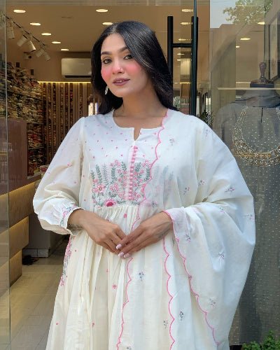 White Embroidery Cotton Anarkali Suit With Malmal Dupatta - BONYHUBSALWAR KAMEEZ