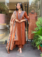 Rust Brown Cotton Printed Anarkali Suit Set - BONYHUBSALWAR KAMEEZ