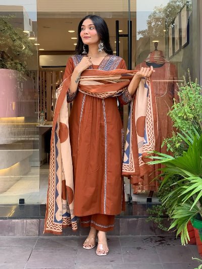 Rust Brown Cotton Printed Anarkali Suit Set - BONYHUBSALWAR KAMEEZ
