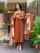 Rust Brown Cotton Printed Anarkali Suit Set - BONYHUBSALWAR KAMEEZ