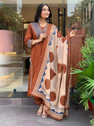 Rust Brown Cotton Printed Anarkali Suit Set - BONYHUBSALWAR KAMEEZ