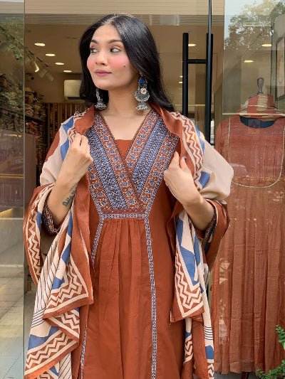 Rust Brown Cotton Printed Anarkali Suit Set - BONYHUBSALWAR KAMEEZ