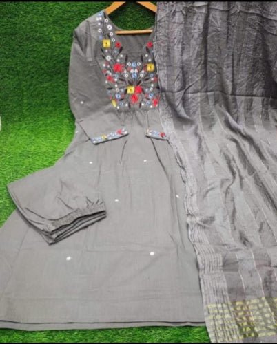 Grey Cotton Floral Embroidery Work Anarkali Suit - BONYHUBSALWAR KAMEEZ