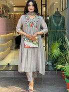 Grey Cotton Floral Embroidery Work Anarkali Suit - BONYHUBSALWAR KAMEEZ