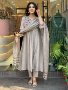 Grey Cotton Floral Embroidery Work Anarkali Suit - BONYHUBSALWAR KAMEEZ