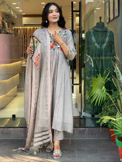 Grey Cotton Floral Embroidery Work Anarkali Suit - BONYHUBSALWAR KAMEEZ