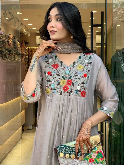 Grey Cotton Floral Embroidery Work Anarkali Suit - BONYHUBSALWAR KAMEEZ