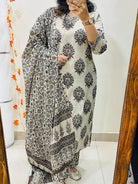 White & Black Cotton Traditional Straight Suit Set - BONYHUBSALWAR KAMEEZ