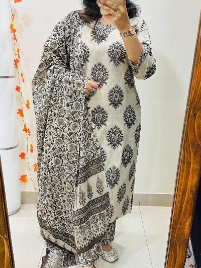 White & Black Cotton Traditional Straight Suit Set - BONYHUBSALWAR KAMEEZ