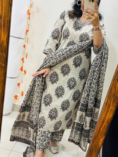 White & Black Cotton Traditional Straight Suit Set - BONYHUBSALWAR KAMEEZ